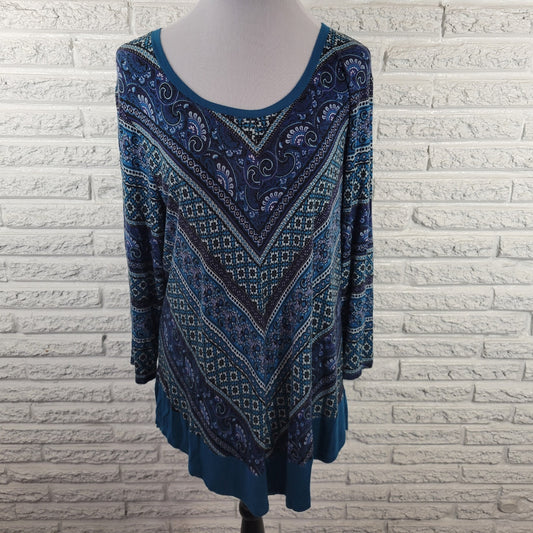 Croft Barrow Womens Top 1X Plus Tunic 3/4 Sleeve Blue Geometric Comfy Casual