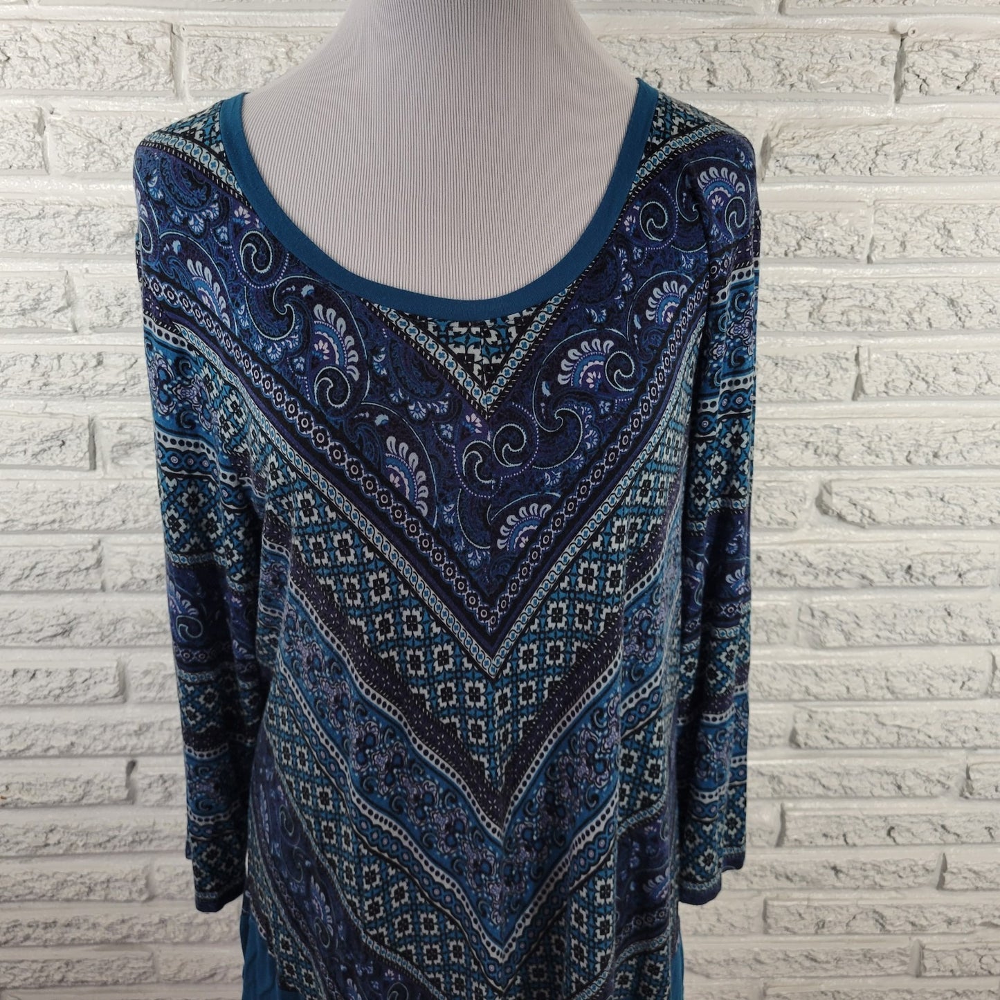 Croft Barrow Womens Top 1X Plus Tunic 3/4 Sleeve Blue Geometric Comfy Casual