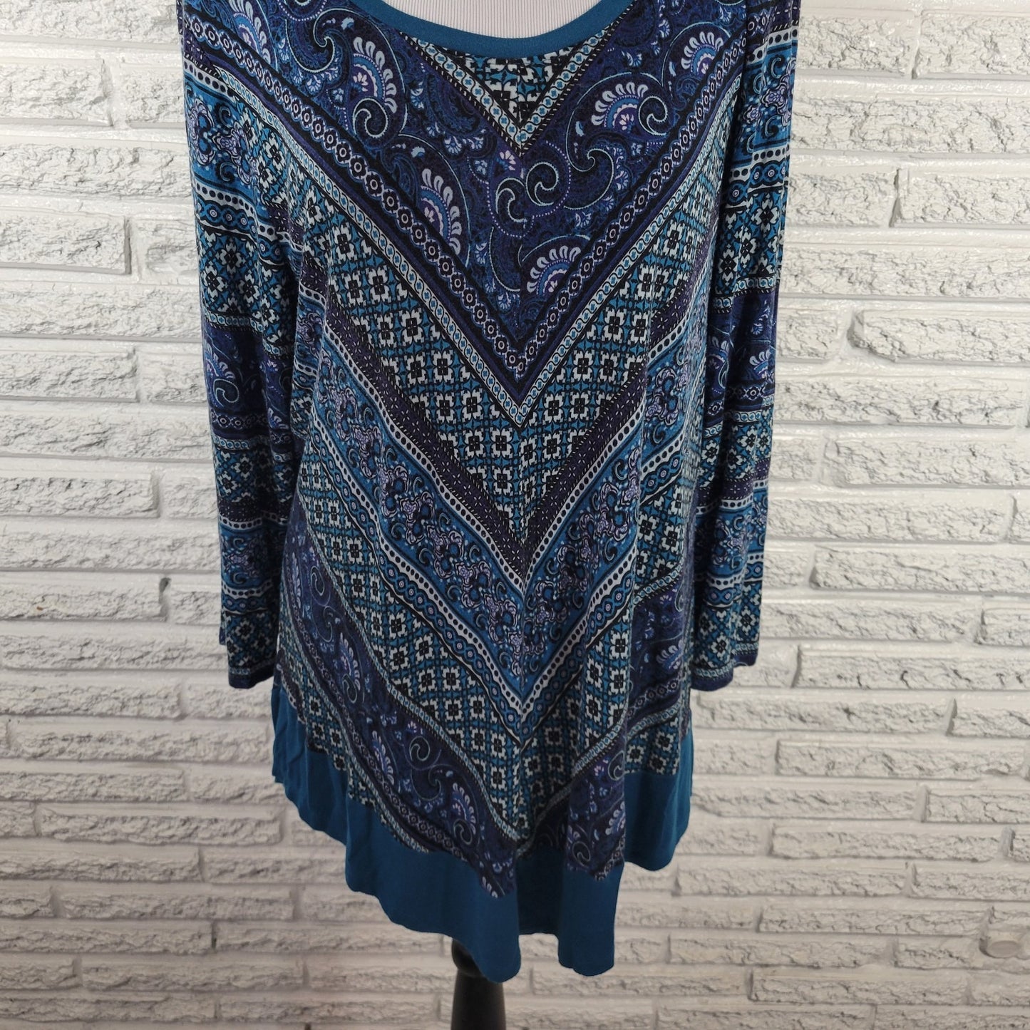 Croft Barrow Womens Top 1X Plus Tunic 3/4 Sleeve Blue Geometric Comfy Casual