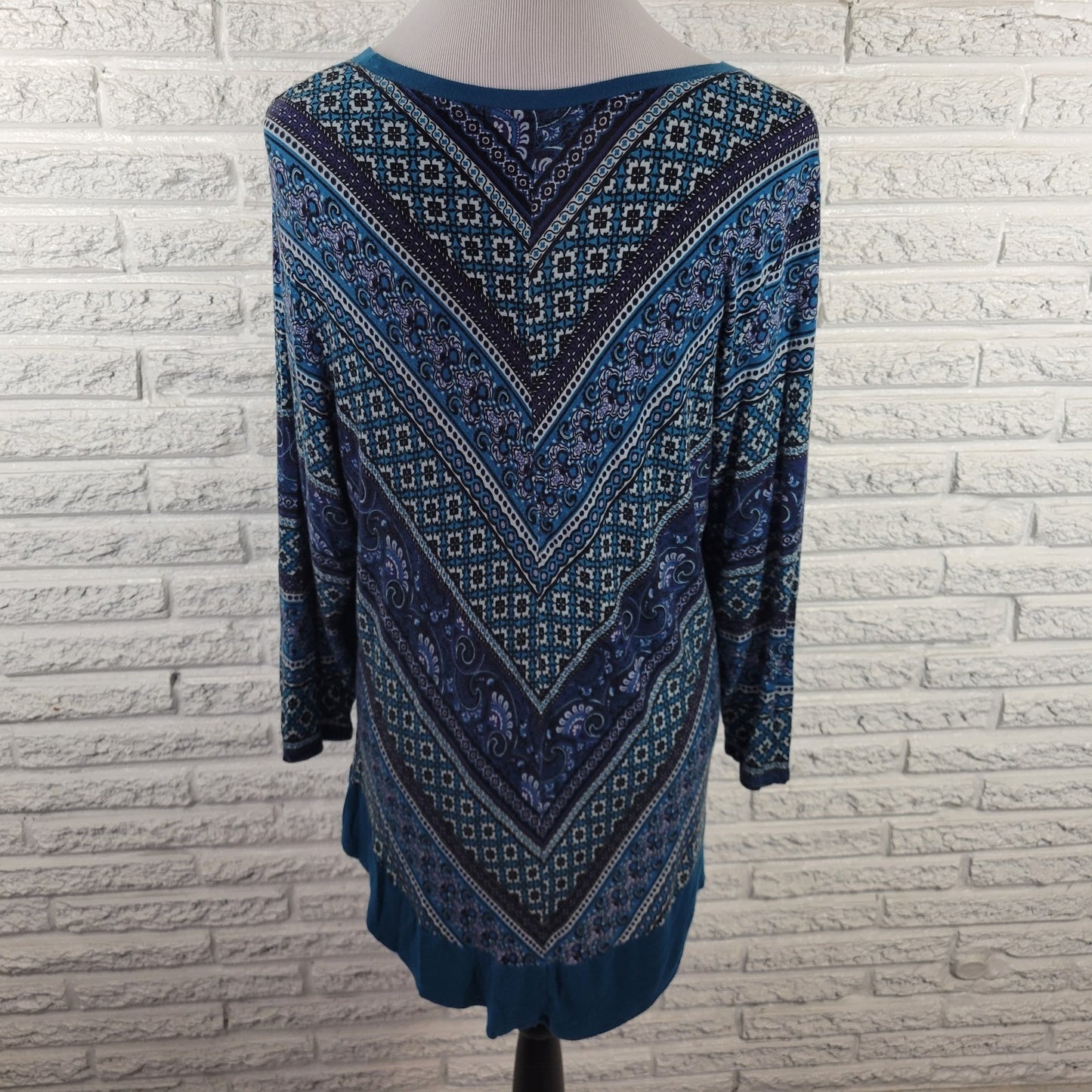 Croft Barrow Womens Top 1X Plus Tunic 3/4 Sleeve Blue Geometric Comfy Casual