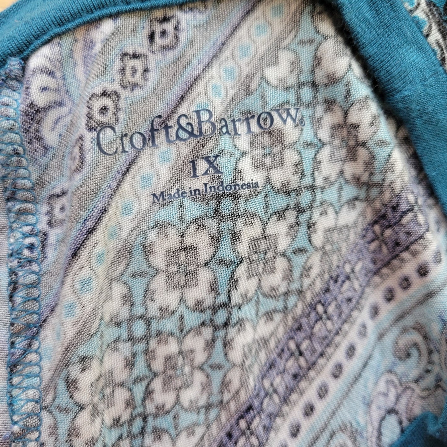 Croft Barrow Womens Top 1X Plus Tunic 3/4 Sleeve Blue Geometric Comfy Casual