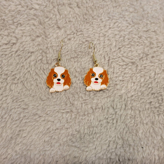 Spaniel Dog Puppy Earrings One Pair Gold Tone Hanging Dangle Fish Hook Novelty