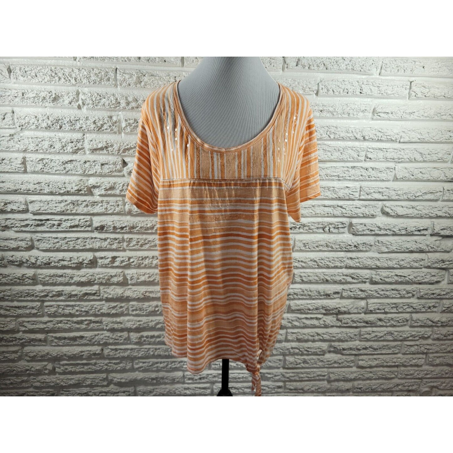 Onque Casual Womens Top 2X Plus Tee Orange Stripe Tied Hem Sequins Lightweight