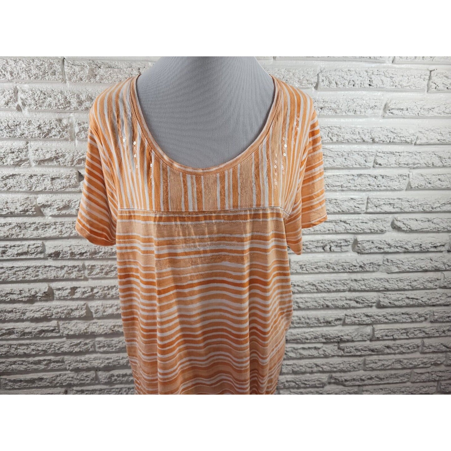 Onque Casual Womens Top 2X Plus Tee Orange Stripe Tied Hem Sequins Lightweight