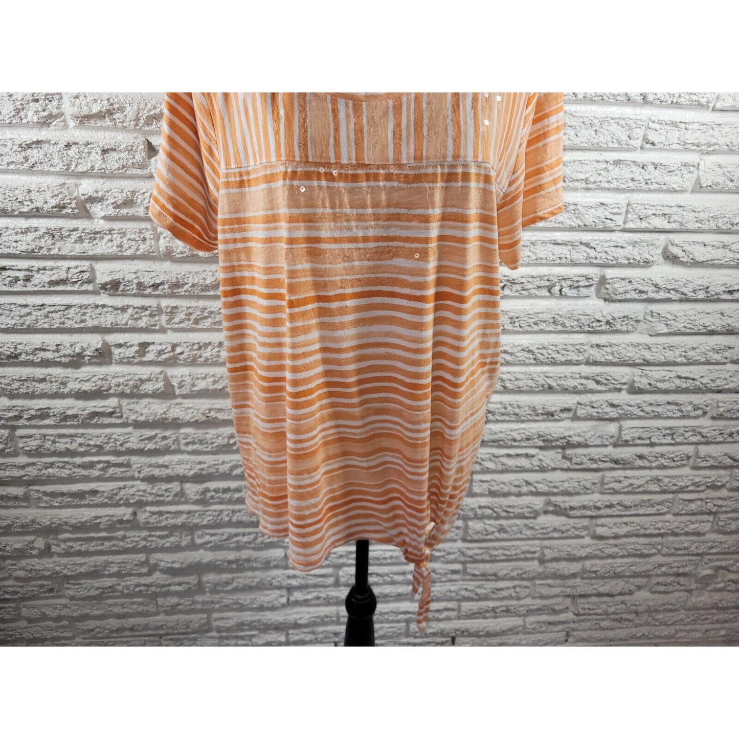Onque Casual Womens Top 2X Plus Tee Orange Stripe Tied Hem Sequins Lightweight