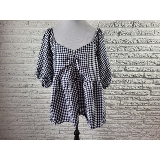 Terra Sky Womens Top 2X Plus Puff Sleeve Black Gingham Check Smocked Back Casual
