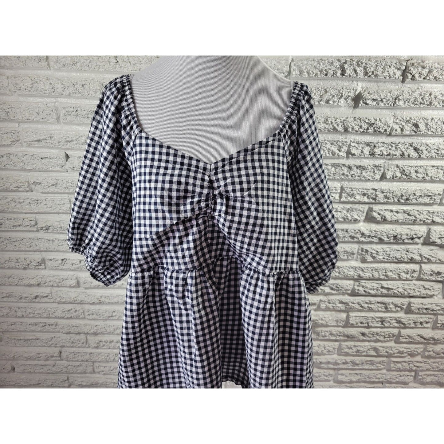 Terra Sky Womens Top 2X Plus Puff Sleeve Black Gingham Check Smocked Back Casual