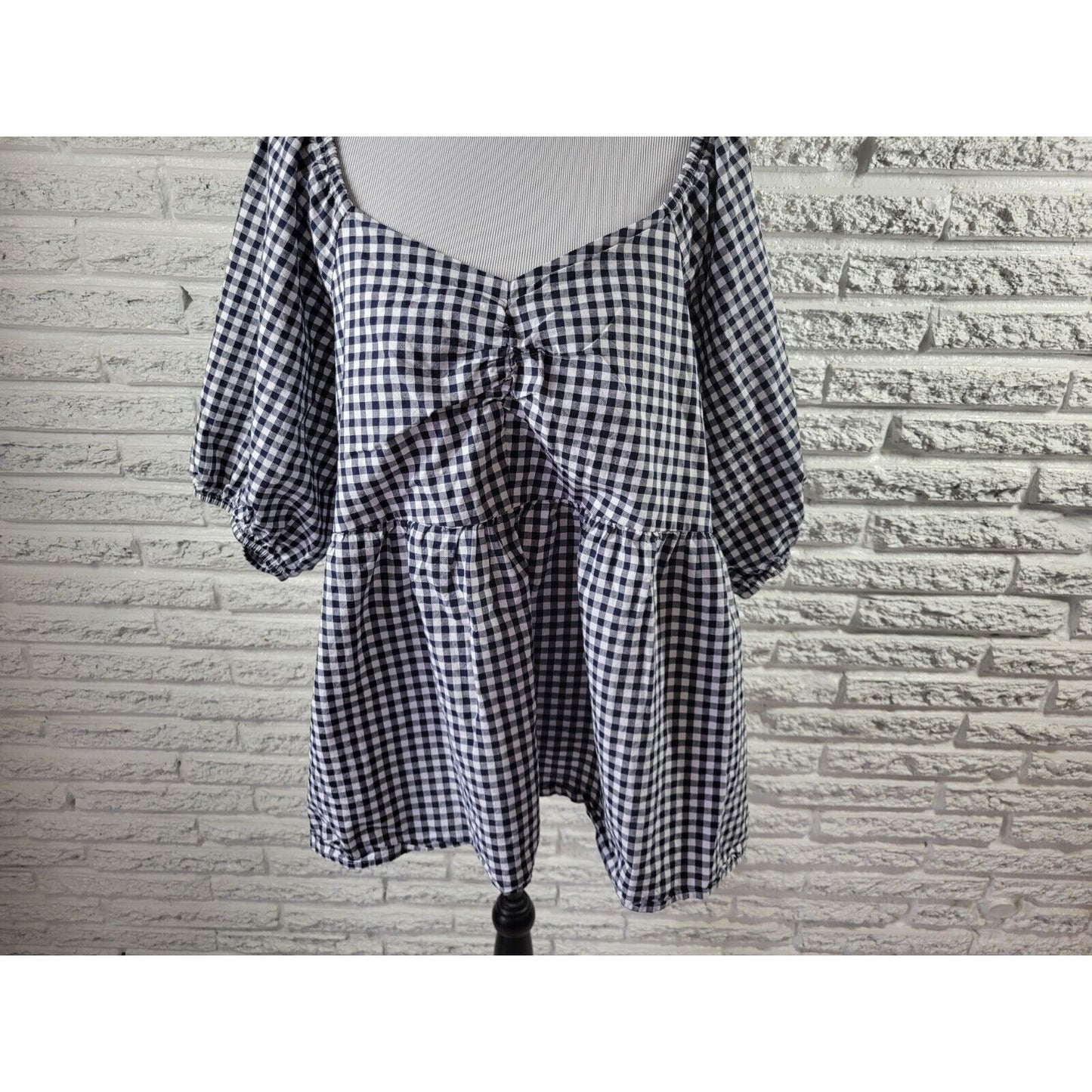 Terra Sky Womens Top 2X Plus Puff Sleeve Black Gingham Check Smocked Back Casual