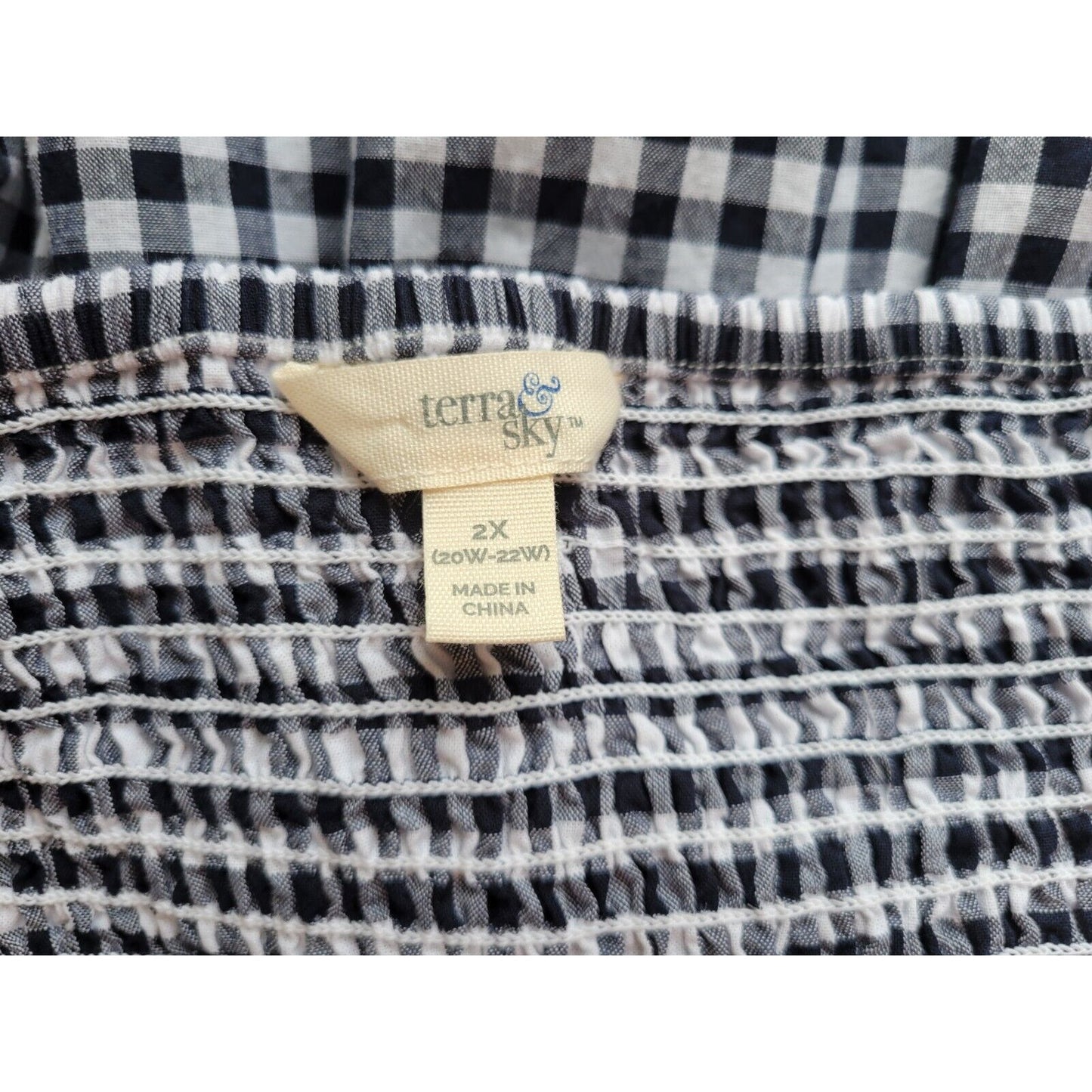 Terra Sky Womens Top 2X Plus Puff Sleeve Black Gingham Check Smocked Back Casual