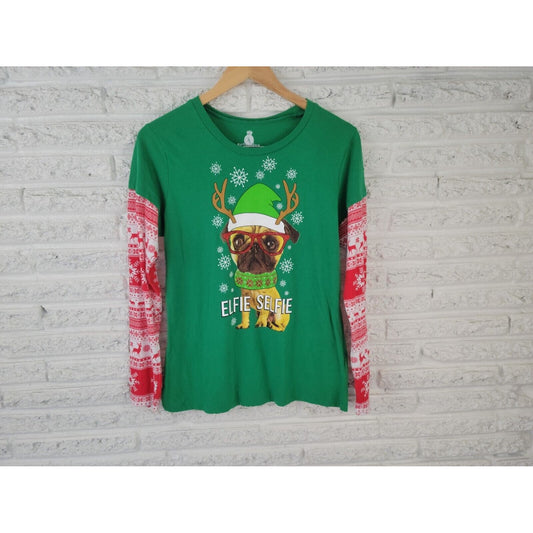 Christmas Womens Shirt Extra Large XL Tee Long Sleeve Bulldog Elfie Selfie Green