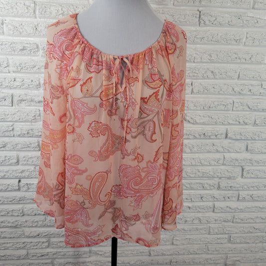 New York Co Womens Top XL Bell Sleeve Orange Paisley Lightweight Polyester Sheer