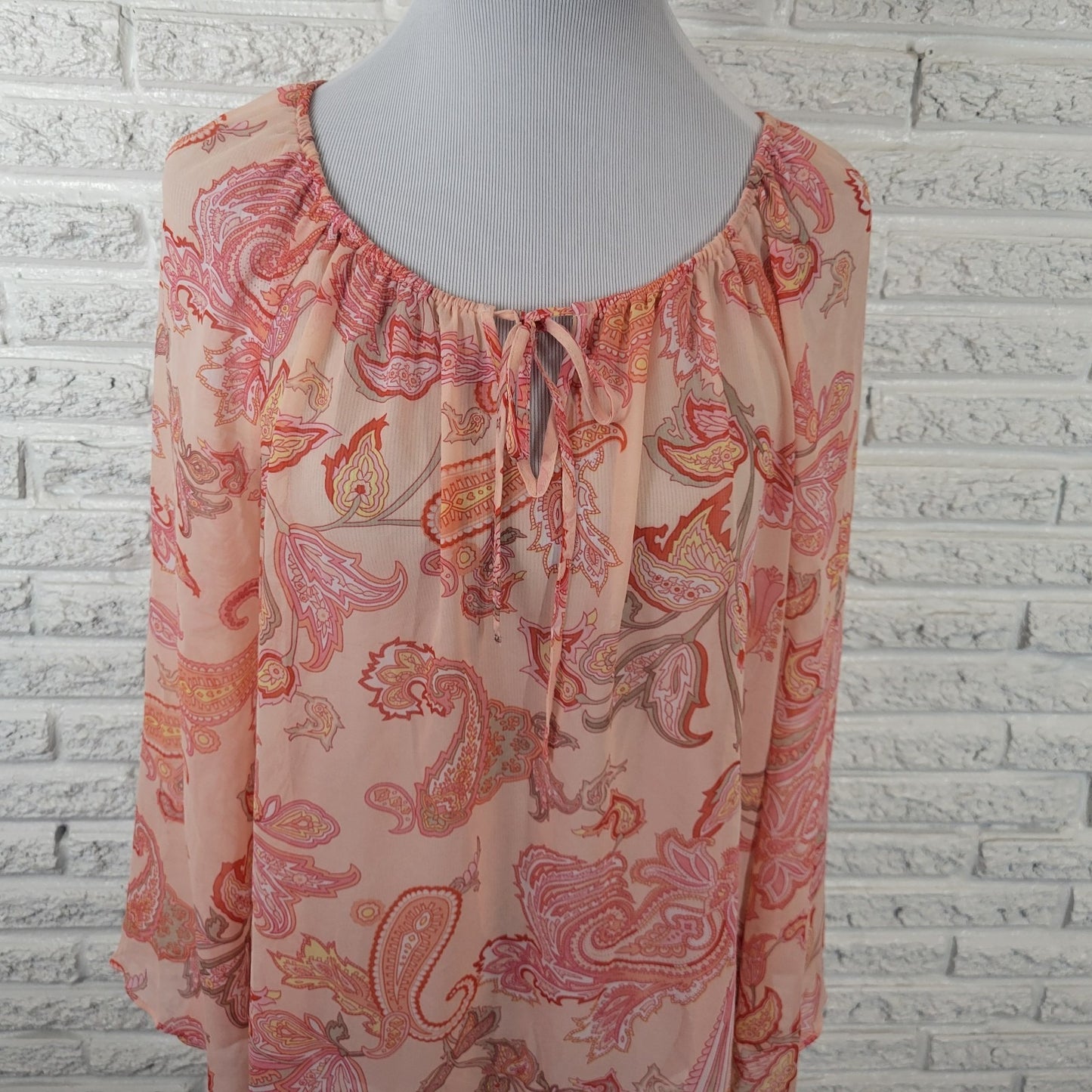 New York Co Womens Top XL Bell Sleeve Orange Paisley Lightweight Polyester Sheer