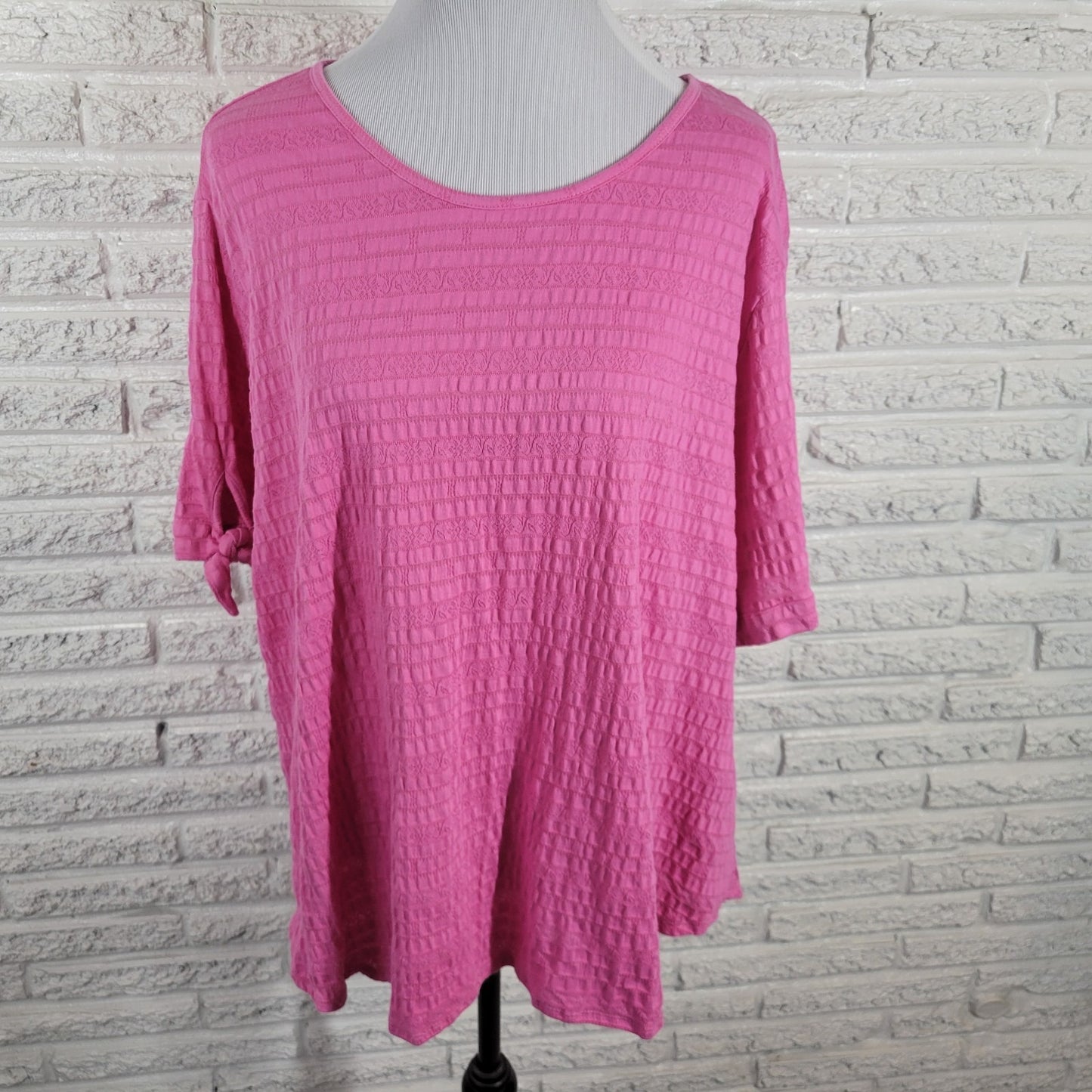 Ruby Rd Womens Top 2X Plus Tied Short Sleeve Pink Embroidered Cotton Blend Comfy