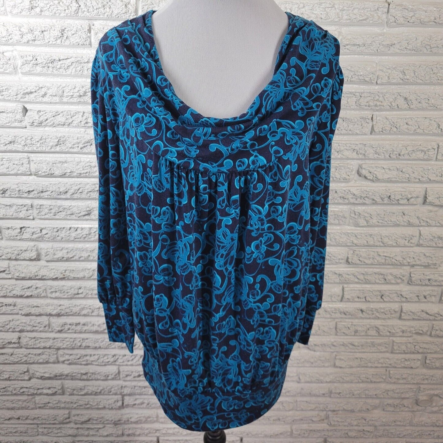 Just My Size Womens Top 1X Plus Long Sleeve Cowl Neck Blue Abstract Soft Comfy