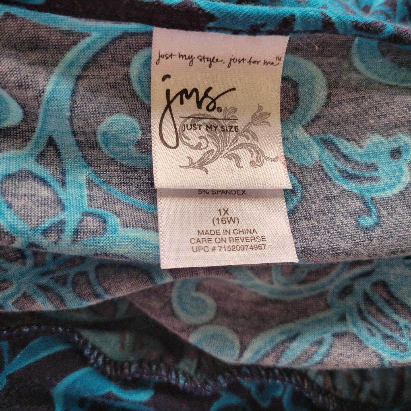 Just My Size Womens Top 1X Plus Long Sleeve Cowl Neck Blue Abstract Soft Comfy