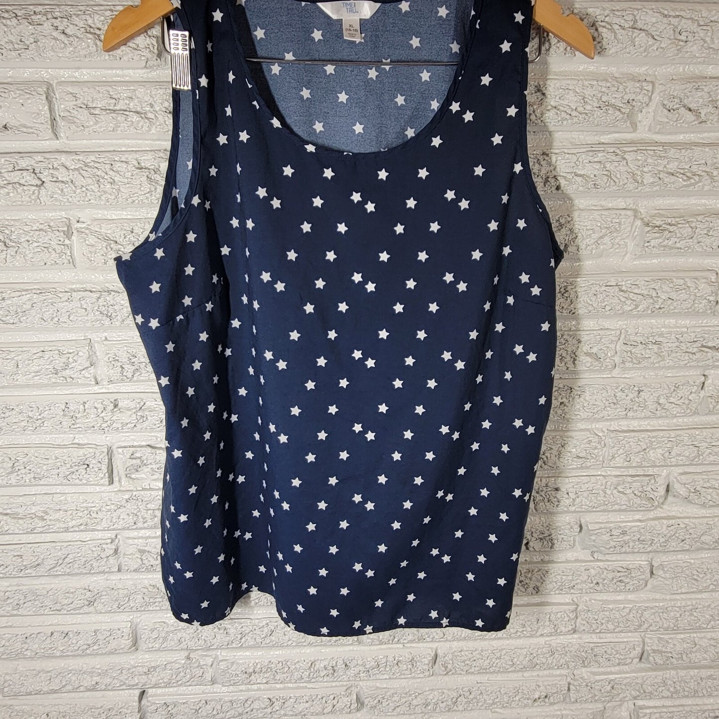 Fourth of July Time Tru Womens Top XL 16 18 Tank Patriotic Polyester Blue Stars