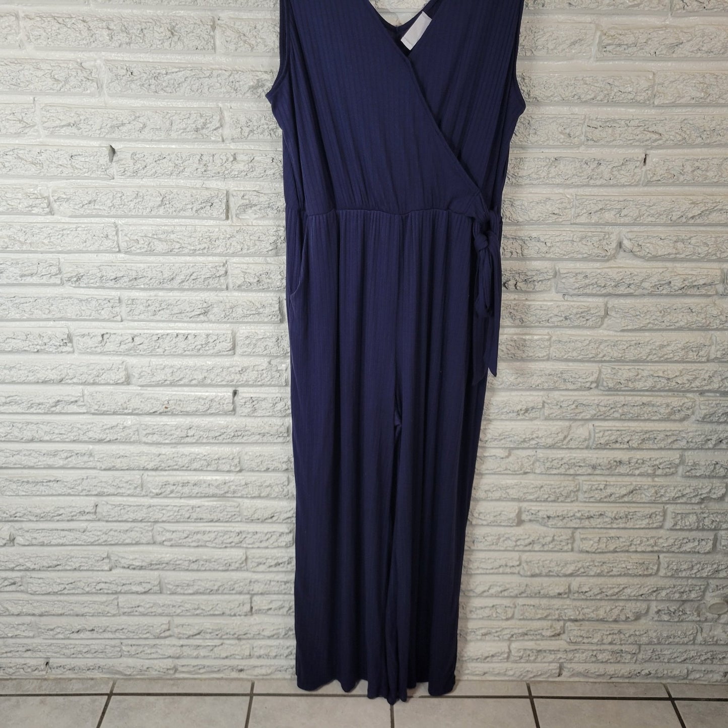 Kaleigh Womens Jumpsuit 1X Plus Sleeveless Blue Pullover Sash Poly Blend Pockets