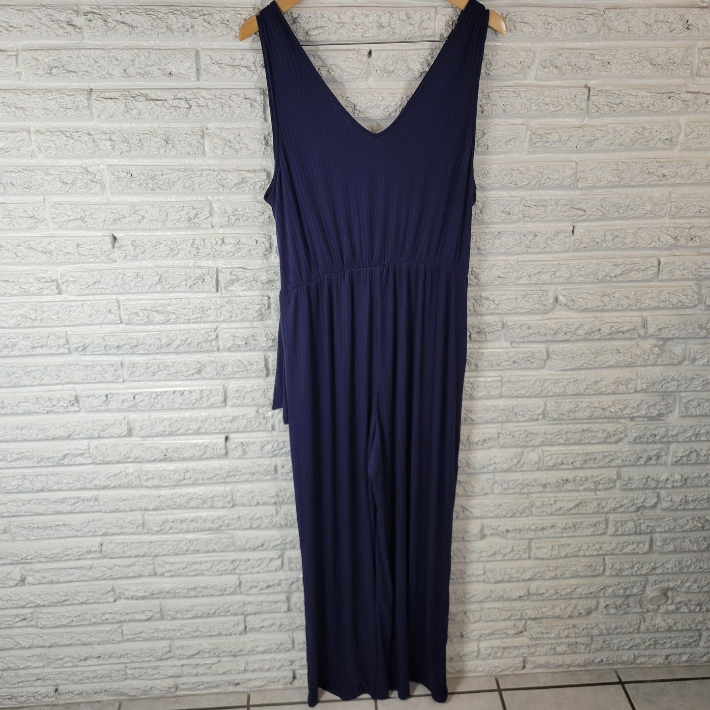 Kaleigh Womens Jumpsuit 1X Plus Sleeveless Blue Pullover Sash Poly Blend Pockets