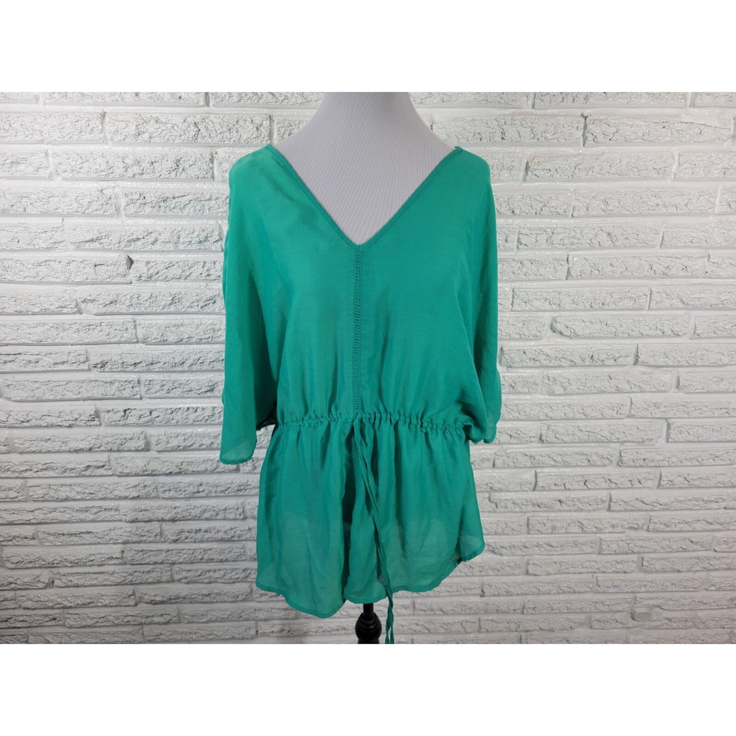 Ana Women Top 1X Plus Batwing Sleeve Blue Green Polyester Comfort Waist Crochet