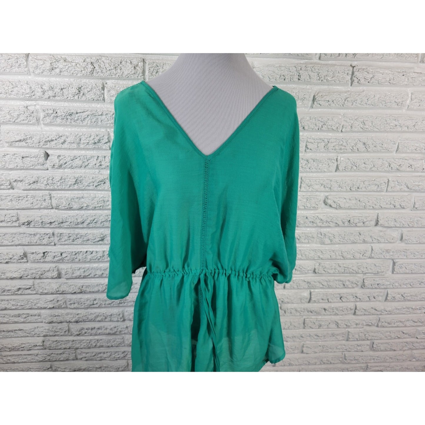 Ana Women Top 1X Plus Batwing Sleeve Blue Green Polyester Comfort Waist Crochet