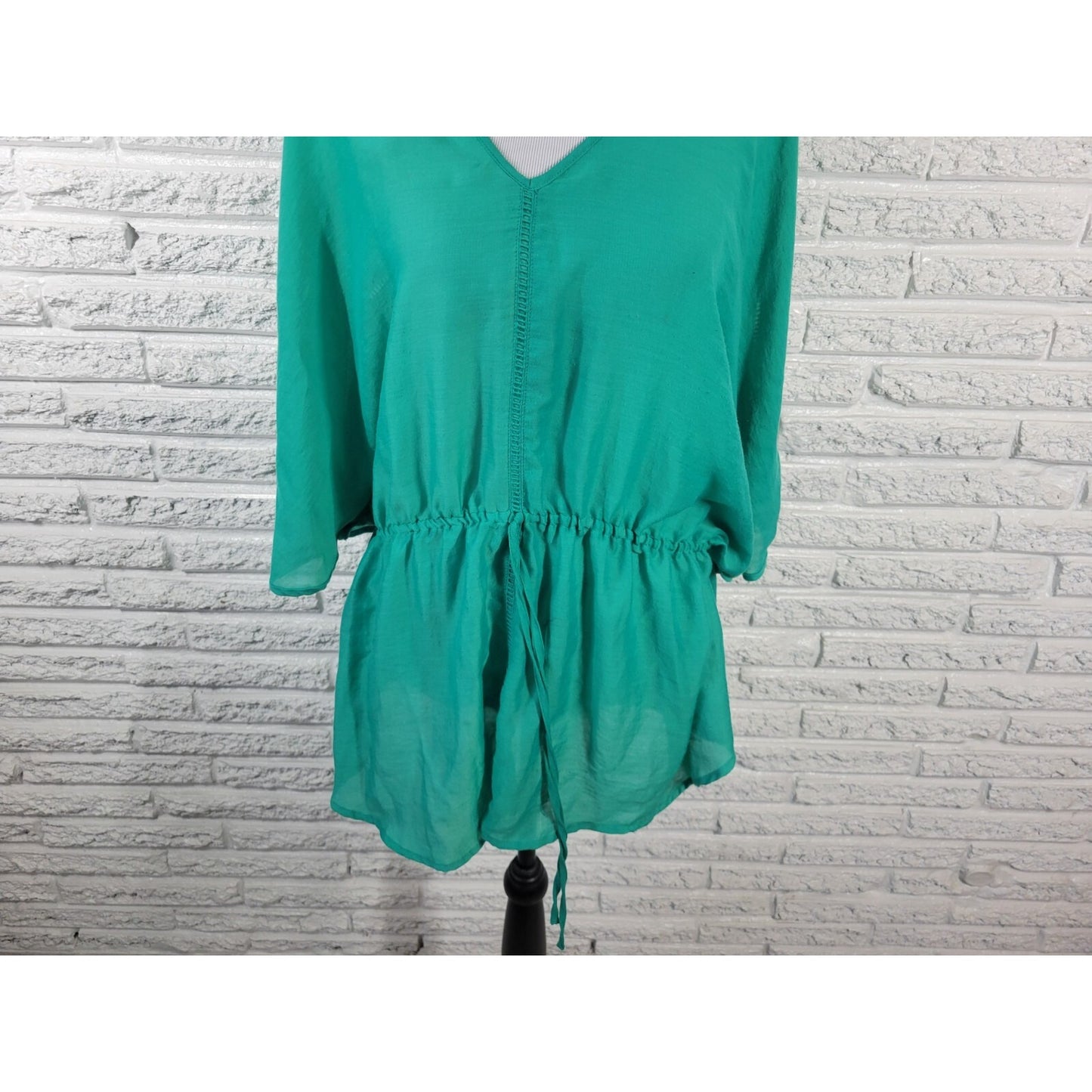 Ana Women Top 1X Plus Batwing Sleeve Blue Green Polyester Comfort Waist Crochet