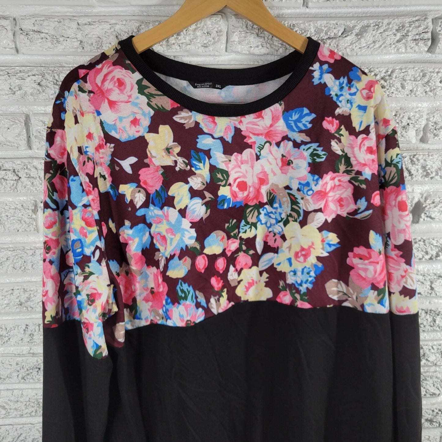 Shein Curve Women Sweatshirt 3XL Plus Pink Black Floral Cotton Blend Lightweight