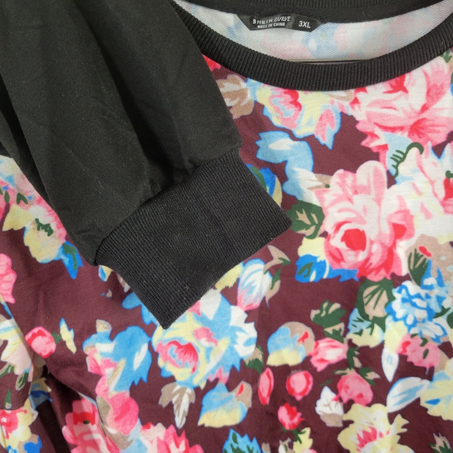 Shein Curve Women Sweatshirt 3XL Plus Pink Black Floral Cotton Blend Lightweight