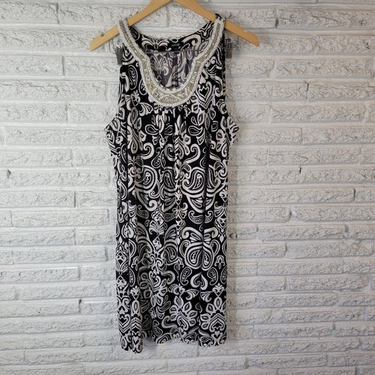 Apt 9 Womens Dress 1X Plus Tank Mini Black White Paisley Poly Blend Beaded Comfy