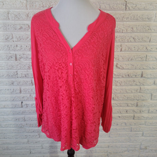 Apt 9 Womens Top 1X Plus Long  Roll Tab Sleeve Pink Lace Comfy Quarter Button