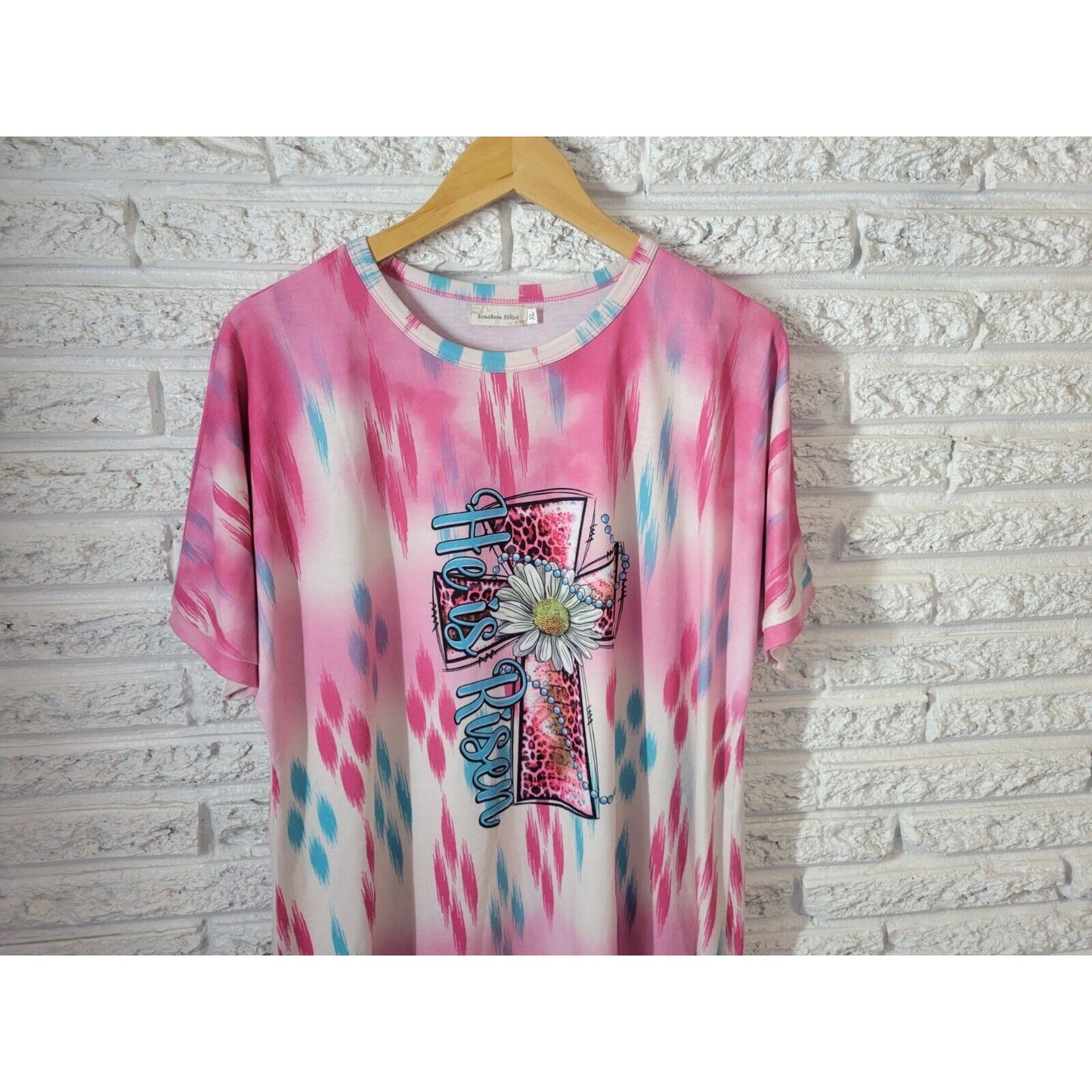 Easter Southern Stitch Women Top Extra Large Tee Pink He is Risen Cross Daisy