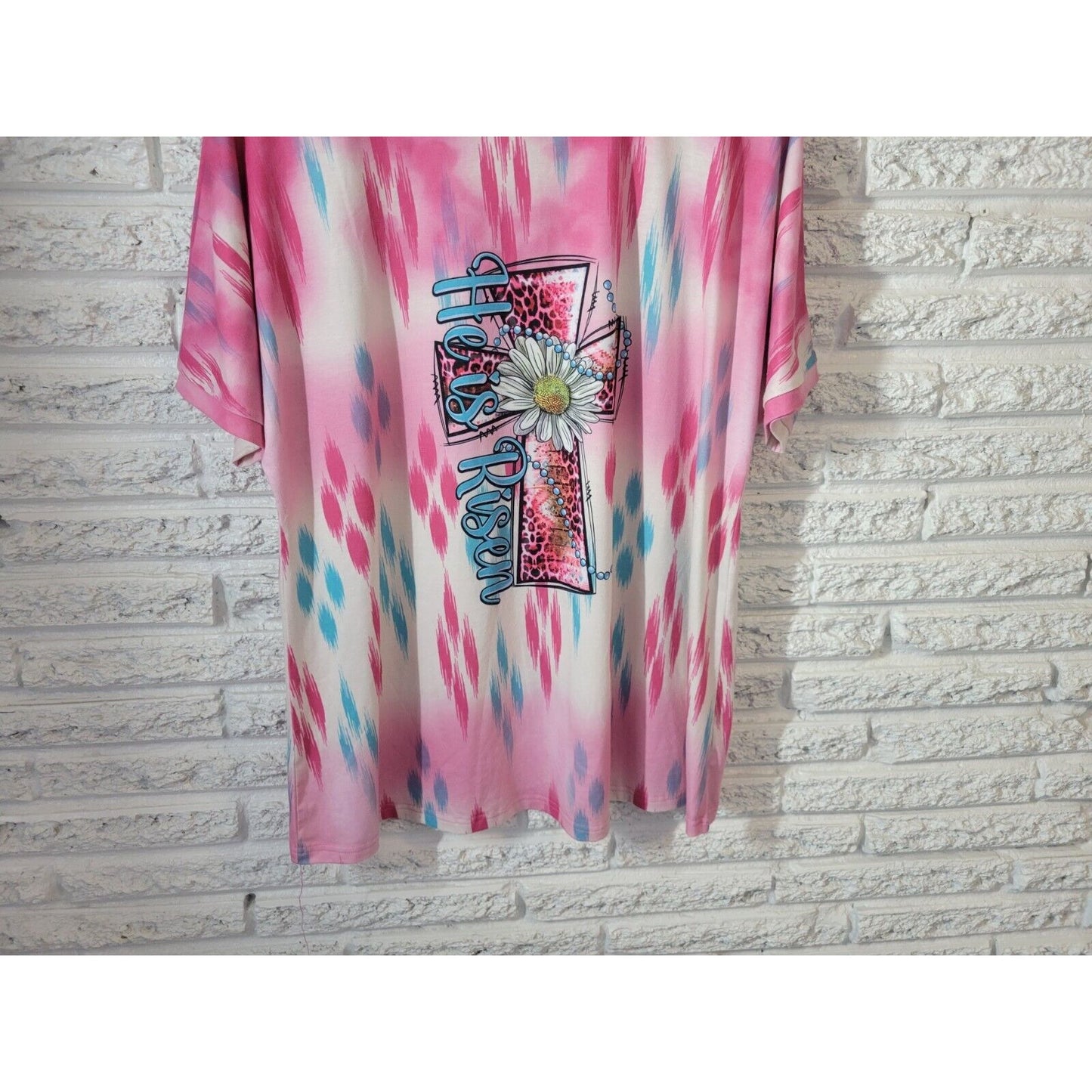 Easter Southern Stitch Women Top Extra Large Tee Pink He is Risen Cross Daisy