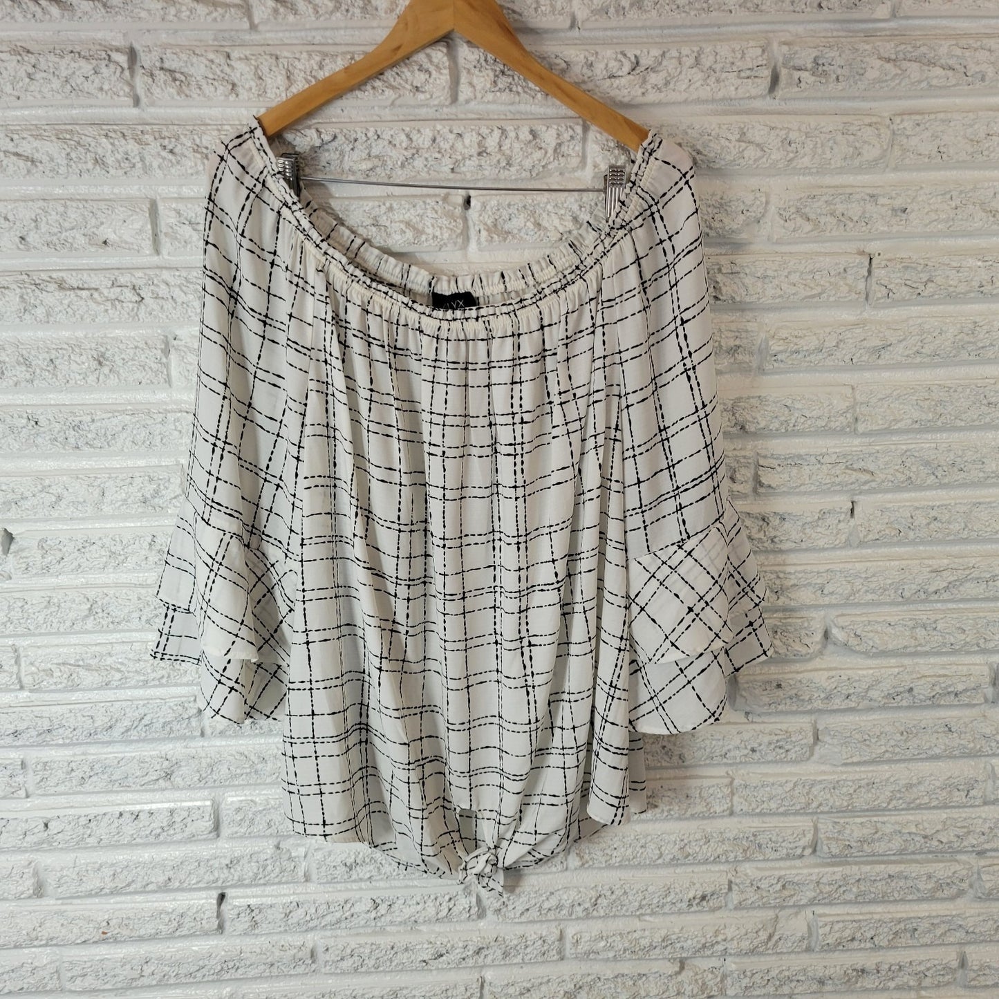 Alyx Womens Top 2X 3/4 Bell Sleeve Black White Squares Polyester On Off Shoulder