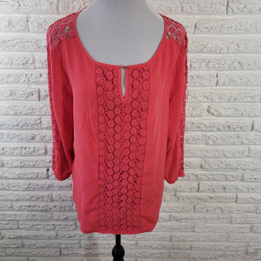 Dana Buchman XL Top Pink Crochet Lace Keyhole 3/4 Sleeve Blouse A10XE