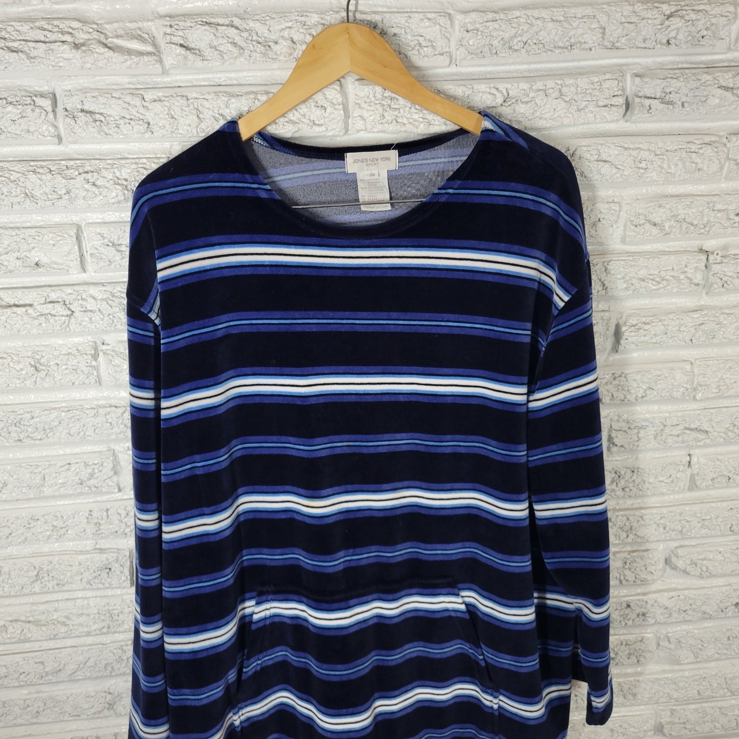 Jones New York Sport Womens Sweatshirt 3X Plus Blue Stripe Velour Pockets Soft