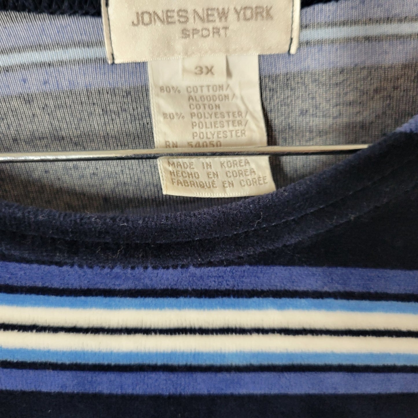 Jones New York Sport Womens Sweatshirt 3X Plus Blue Stripe Velour Pockets Soft