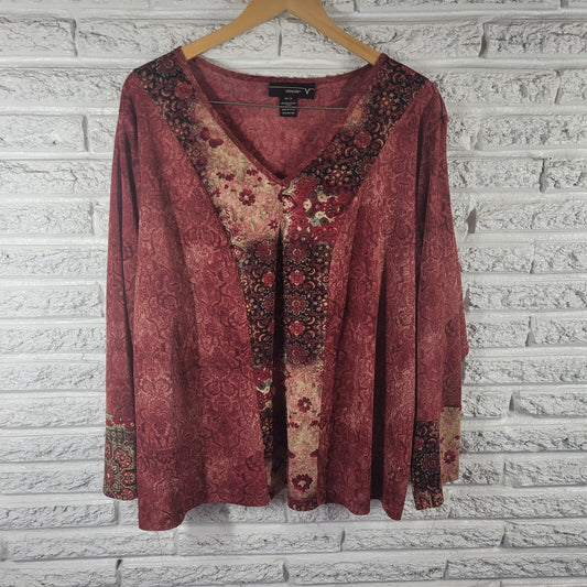 Venezia Womens Top 26 28 Plus Long Sleeve Red Floral Polyester Casual Comfy