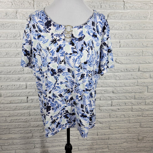 Coral Bay Womens Top 2X Plus Tee Shortt Sleeve Blue Floral Keyhole Cotton Blend