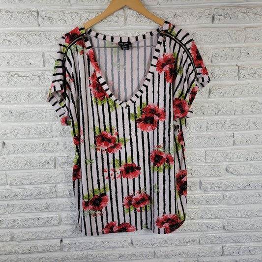 Bae City 3X Plus Red Stripe Floral T-Shirt Zip Shoulder V-Neck Jersey Stretch