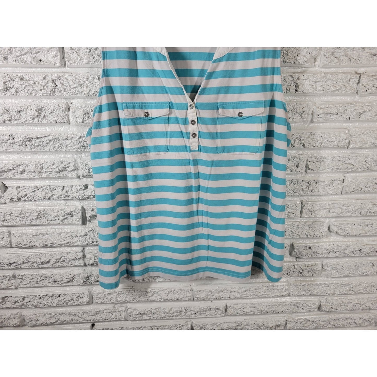 Croft Barrow Womens Top 2X Plus Sleeveless Blue Stripe Quarter Button Pockets