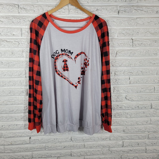 Dog Mom Womens Pajama Top 5XL Plus Raglan Long Sleeve Red Plaid Comfy Loungewear