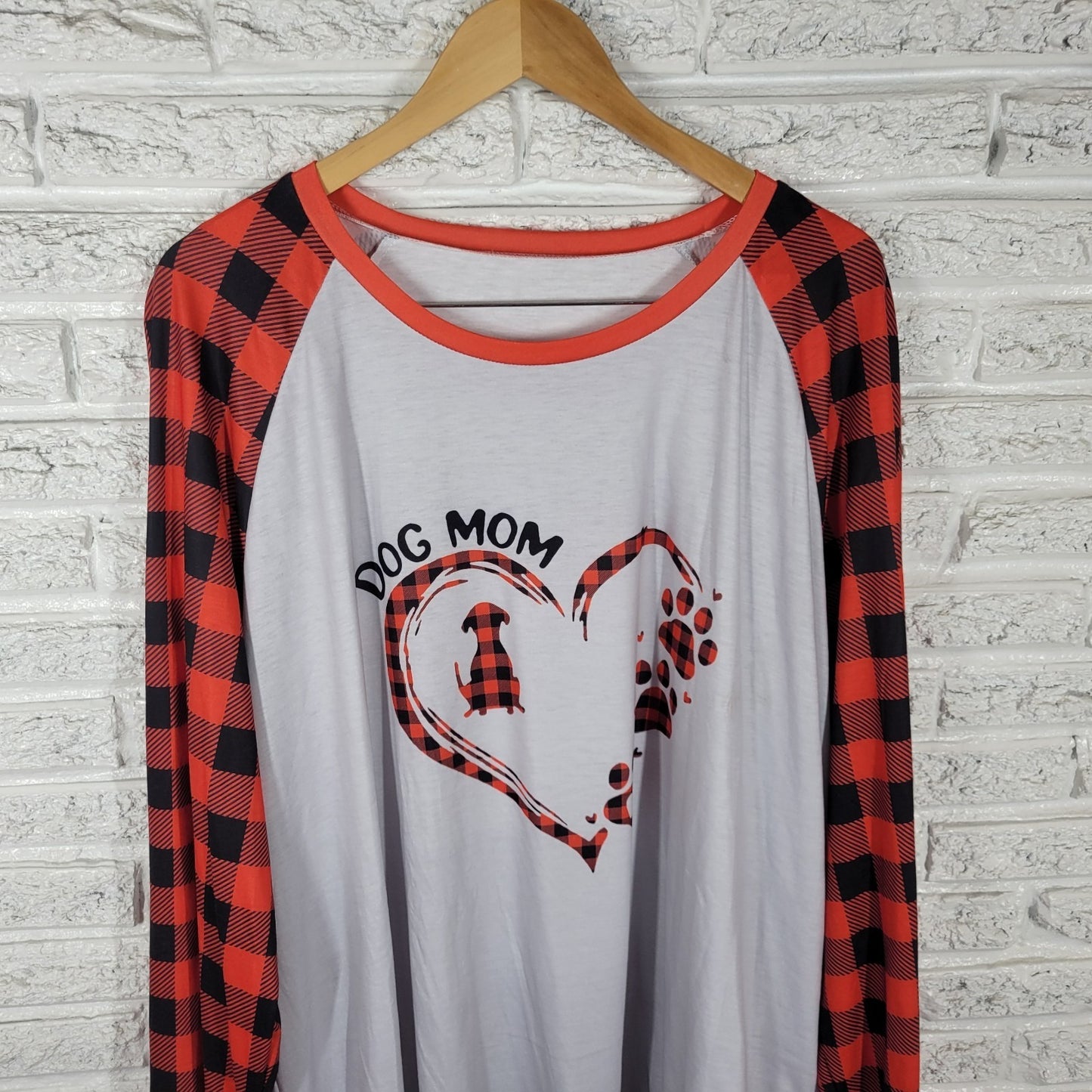 Dog Mom Womens Pajama Top 5XL Plus Raglan Long Sleeve Red Plaid Comfy Loungewear