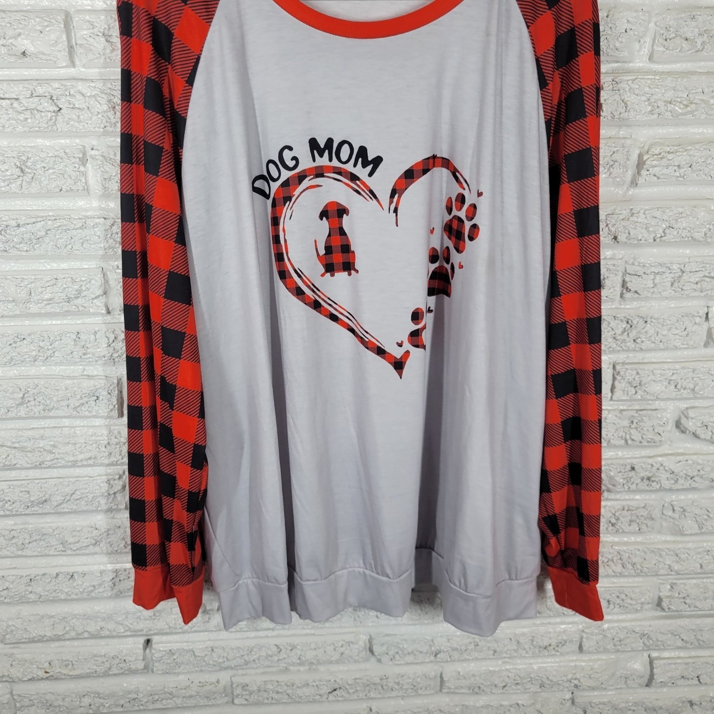 Dog Mom Womens Pajama Top 5XL Plus Raglan Long Sleeve Red Plaid Comfy Loungewear