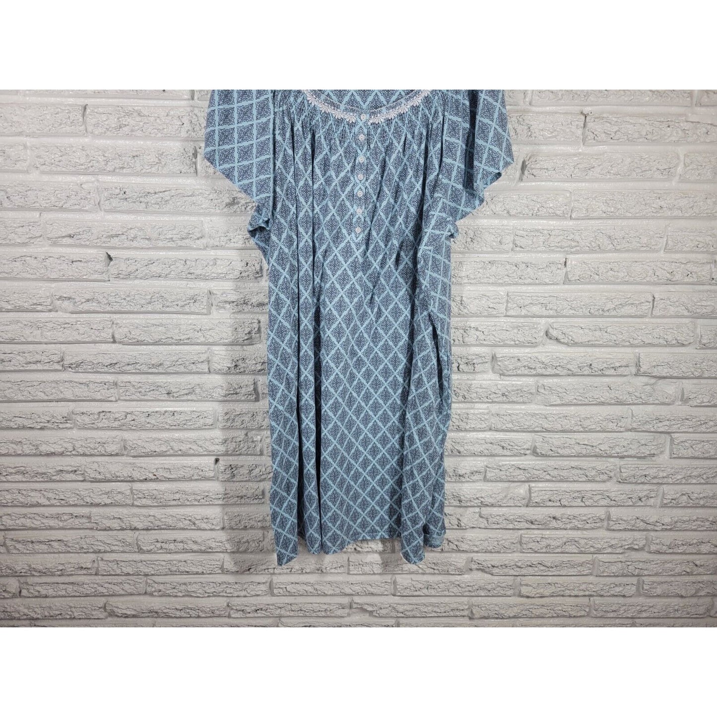 Aria Women Robe 4X Plus Blue Geometric Quarter Button Pockets Kaftan Lightweight