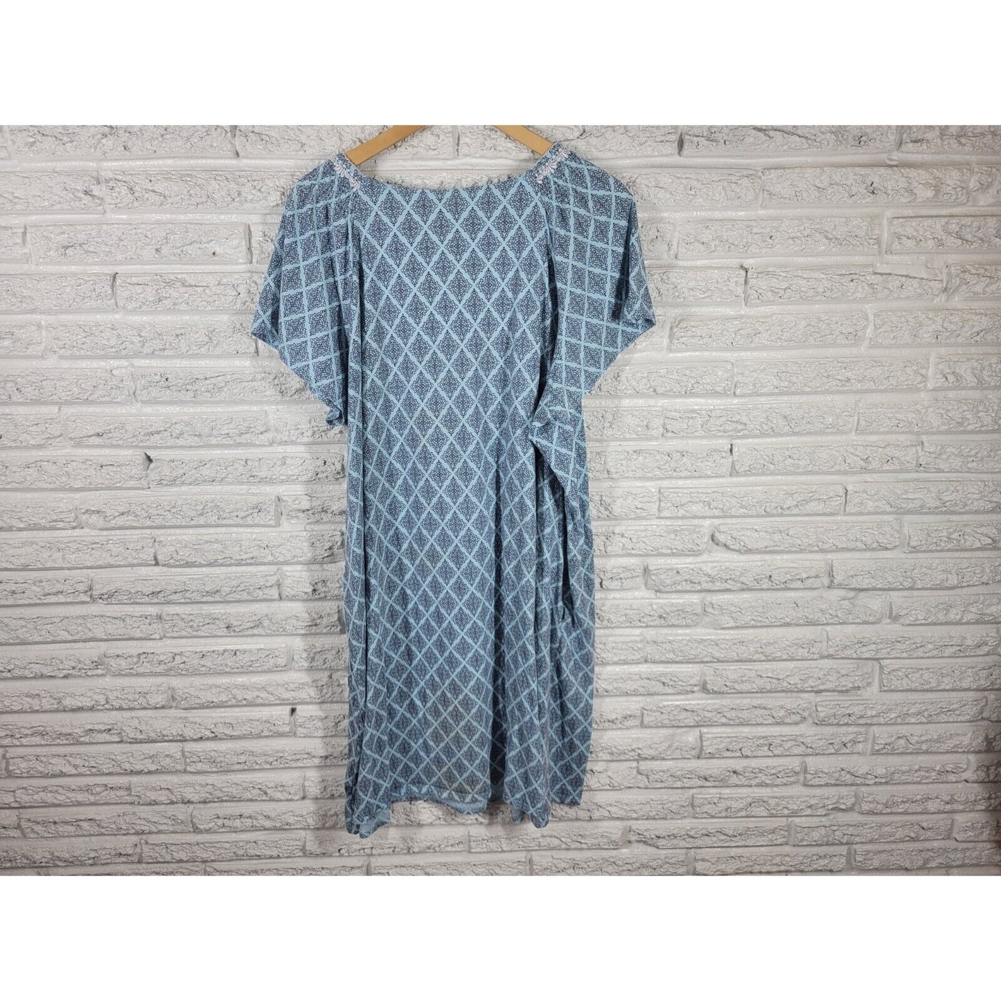 Aria Women Robe 4X Plus Blue Geometric Quarter Button Pockets Kaftan Lightweight