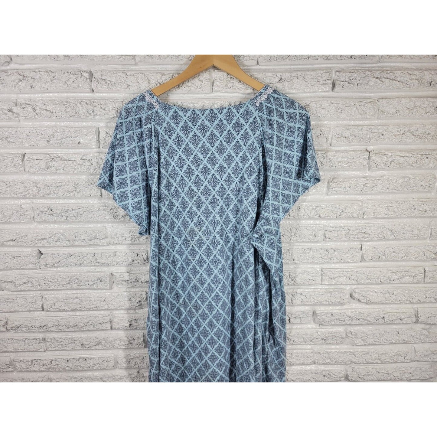 Aria Women Robe 4X Plus Blue Geometric Quarter Button Pockets Kaftan Lightweight