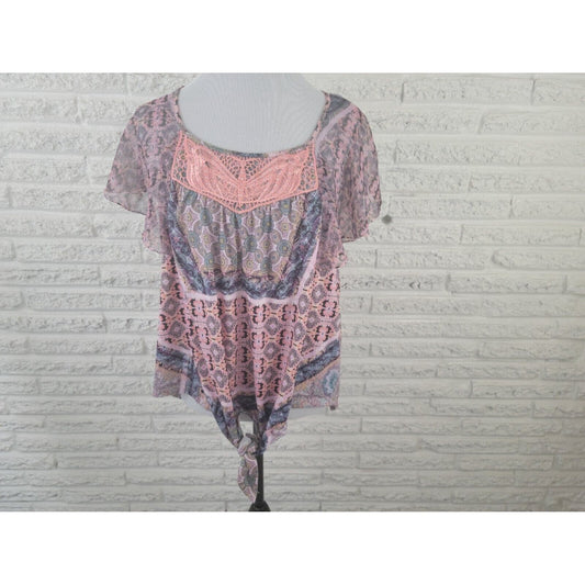 Energe World Wear Womens Top 1X Plus Sheer Flutter Sleeve Studded Crochet Pink