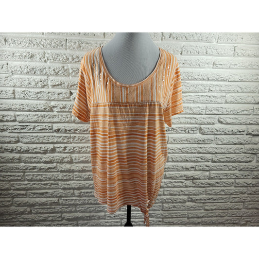 Onque Casual Womens Top 2X Plus Tee Orange Stripe Lightweight Tied Hem Sequins