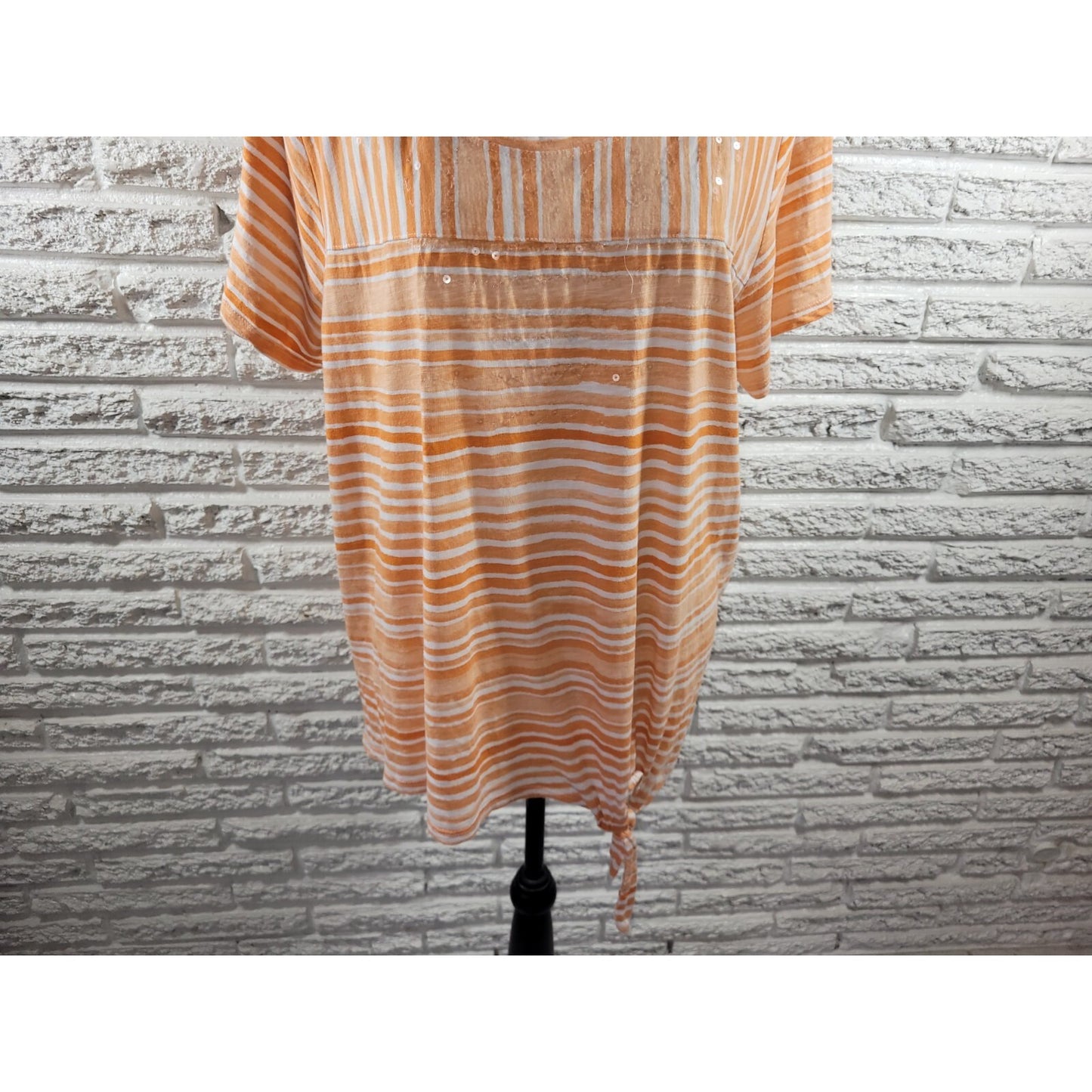 Onque Casual Womens Top 2X Plus Tee Orange Stripe Lightweight Tied Hem Sequins