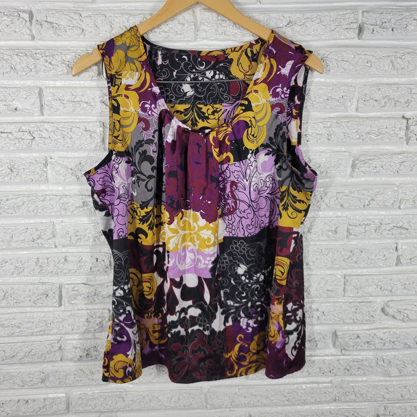 212 Collection Womens Top XL Tank Purple Gold Floral Poly Blend Pleated Neck