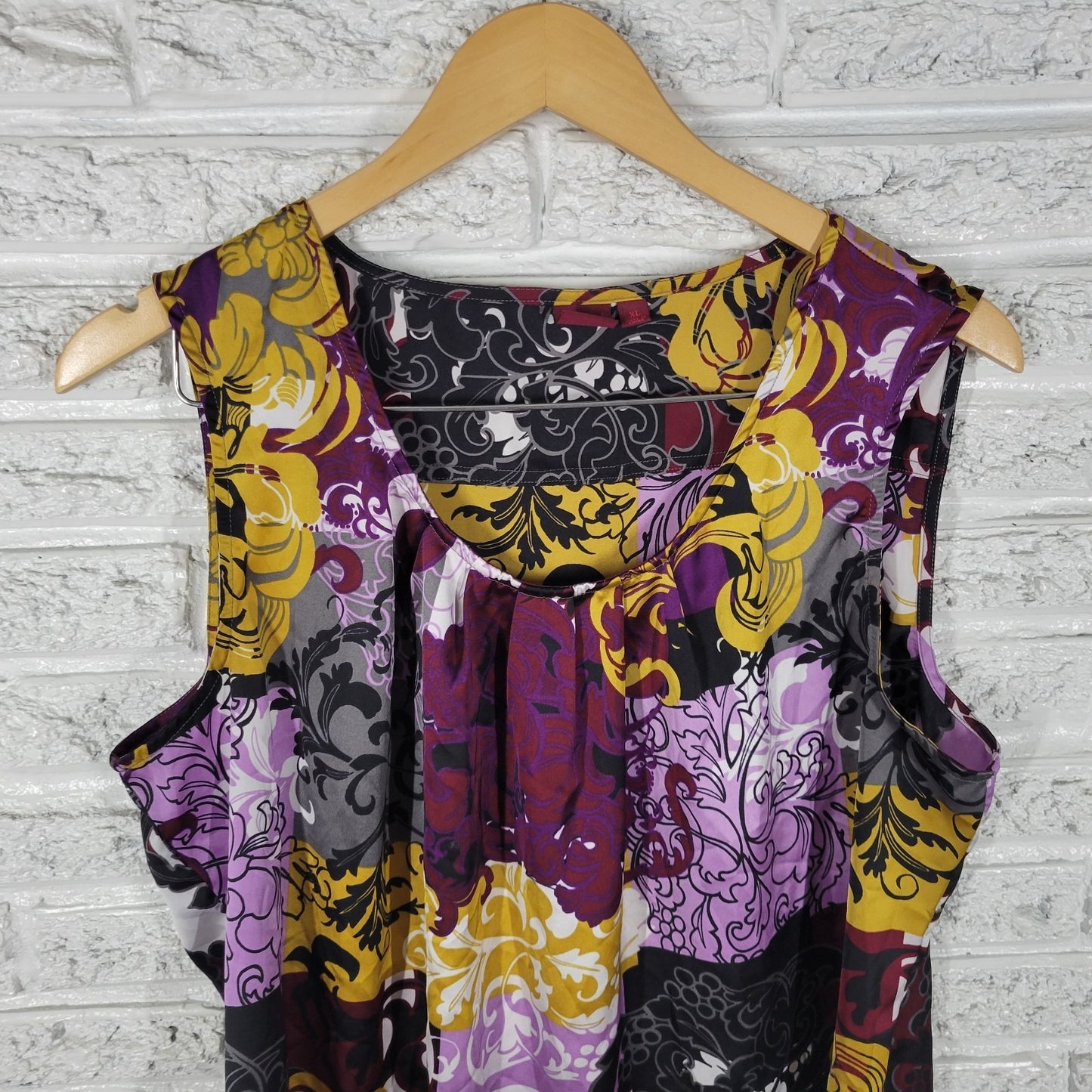 212 Collection Womens Top XL Tank Purple Gold Floral Poly Blend Pleated Neck